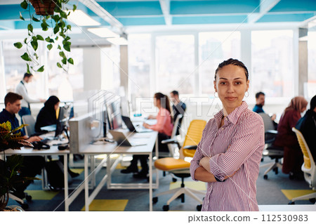 Portrait of young smiling business woman in creative open space coworking startup office. Successful businesswoman standing in office with copyspace. Coworkers working in background Portrait of young smiling business woman in creative open space coworking startup office. Successful businesswoman standing in office with copyspace. Coworkers working in background 112530983