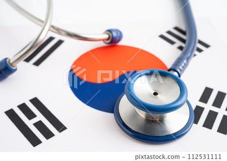 Stethoscope on Korea flag background, Business and finance concept. 112531111