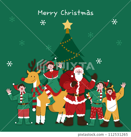 Santa and kids are waving in front of the tree 112531265