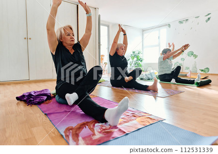 A group of senior women engage in various yoga exercises, including neck, back, and leg stretches, under the guidance of a trainer in a sunlit space, promoting well-being and harmony 112531339