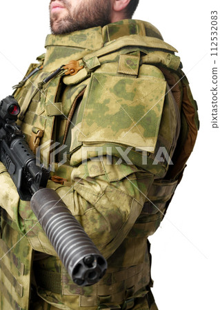 Soldier wearing military uniform close up photo 112532083