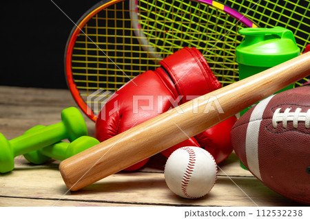 Assorted sport supplies close up studio shot Assorted sport supplies close up studio shot 112532238