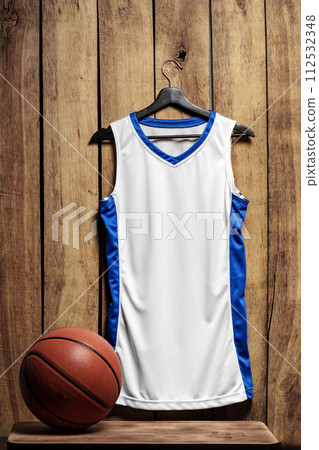 Basketball jersey on hanger against wooden background 112532348