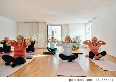 A group of senior women engage in various yoga exercises, including neck, back, and leg stretches, under the guidance of a trainer in a sunlit space, promoting well-being and harmony A group of senior women engage in various yoga exercises, including neck, back, and leg stretches, under the guidance of a trainer in a sunlit space, promoting well-being and harmony 112533224