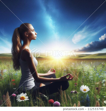 草地上冥想的女人 草地上冥想的女人 112533740