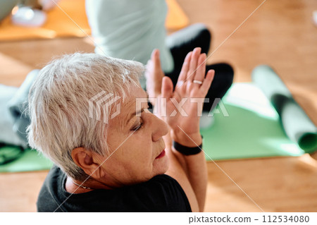 In a sunlit space, a senior woman gracefully practices rejuvenating yoga, focusing on neck, back, and leg stretches, embodying serenity and well-being In a sunlit space, a senior woman gracefully practices rejuvenating yoga, focusing on neck, back, and leg stretches, embodying serenity and well-being 112534080