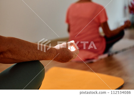 In this sunlit space, a senior woman's hand gracefully engages in various yoga poses, embodying the essence of active aging, health, and inner peace In this sunlit space, a senior woman's hand gracefully engages in various yoga poses, embodying the essence of active aging, health, and inner peace 112534086