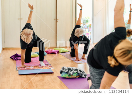 A group of senior women engage in various yoga exercises, including neck, back, and leg stretches, under the guidance of a trainer in a sunlit space, promoting well-being and harmony A group of senior women engage in various yoga exercises, including neck, back, and leg stretches, under the guidance of a trainer in a sunlit space, promoting well-being and harmony 112534114