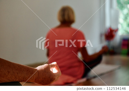 In this sunlit space, a senior woman's hand gracefully engages in various yoga poses, embodying the essence of active aging, health, and inner peace In this sunlit space, a senior woman's hand gracefully engages in various yoga poses, embodying the essence of active aging, health, and inner peace 112534146