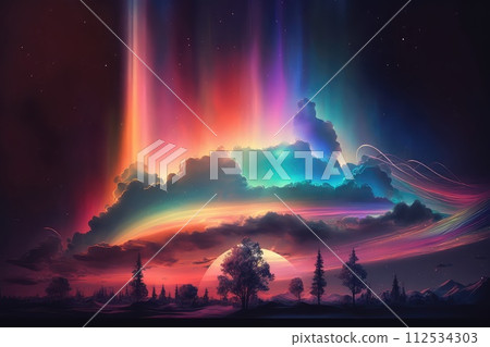 Landscape with holographic northern lights. Generative AI Landscape with holographic northern lights. Generative AI 112534303