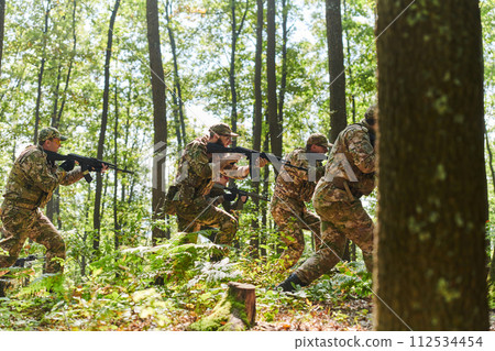 A disciplined and specialized military unit, donned in camouflage, strategically patrolling and maintaining control in a high-stakes environment, showcasing their precision, unity, and readiness for 112534454