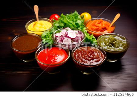 Assorted sauces in bowls on wooden background. Selective focus Assorted sauces in bowls on wooden background. Selective focus 112534666