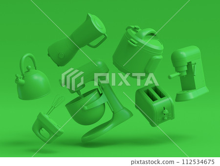 Electric kitchen appliances and utensils for making culinary on green monochrome 112534675