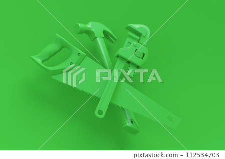 Flying view of monochrome construction tools for repair on multicolor background Flying view of monochrome construction tools for repair on multicolor background 112534703