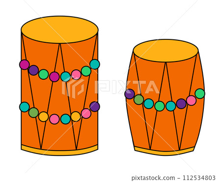 Two Holi Drums Dhol elements. Design for celebration of Indian festival of love and color. Vector cartoon flat illustration. Two Holi Drums Dhol elements. Design for celebration of Indian festival of love and color. Vector cartoon flat illustration. 112534803