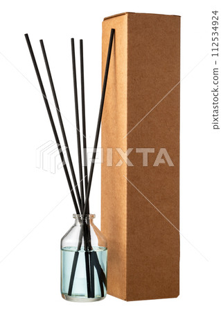 Aromatic diffuser bottle with sticks isolated on white background 112534924