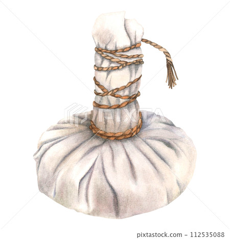 Thai herbal compresses ball. Hand painted watercolor illustration of massage ball for spa on isolated background. Relax and healthy care concept. For wellness resort, brochure, booklet, web design. 112535088