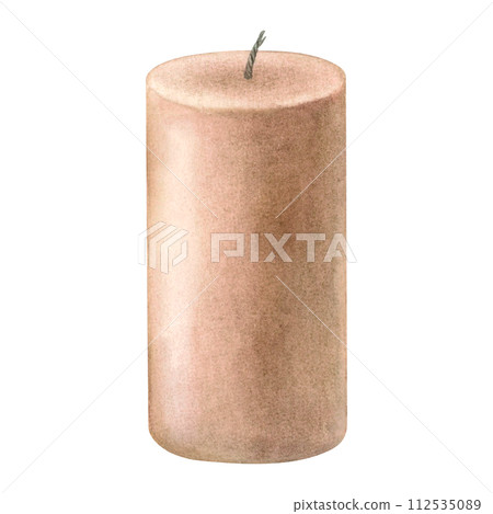 Column shaped scented pilar candle made from soy and coconut wax. Hand drawn watercolor illustration isolated on background. Use for aromatherapy, hygienic home, meditation, wellness resort, booklet. 112535089