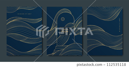 Vector set of boho abstract arch line posters, wave and arch with stairs and moon or sun design. Psychedelic geometric illustration, surreal golden on black patterns 112535118