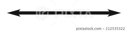 Double arrow icon. Long straight horizontal arrow with two-sided pointers. Black width sign or east and west symbol isolated on white background. Vector graphic illustration 112535322