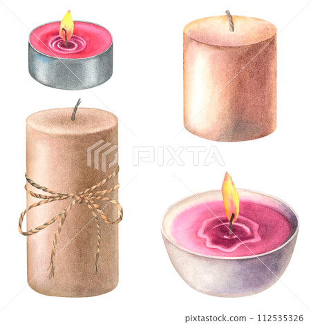A set ot varios pink and brown candles for aromatherapy. Hand drawn watercolor illustration of vintage light on isolated background. Use for aromatherapy, hygienic home, meditation, wellness resort. 112535326