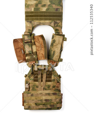Camouflage bulletproof vest isolated on white background Camouflage bulletproof vest isolated on white background 112535340