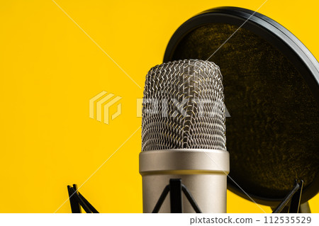 Professional microphone stand over yellow studio background 112535529