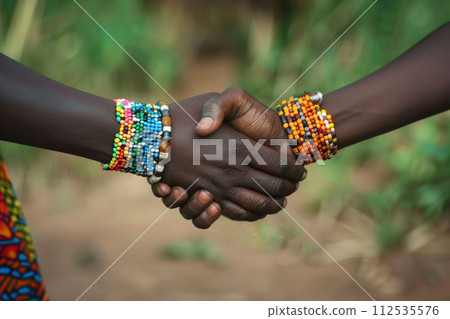 Two black hands clasping in unity, adorned with colorful bead bracelets Two black hands clasping in unity, adorned with colorful bead bracelets 112535576