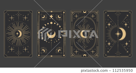Set tarot frame border with golden celestial elements, esoteric astrology mystery ornament with moon, star isolated on dark background. Set tarot frame border with golden celestial elements, esoteric astrology mystery ornament with moon, star isolated on dark background. 112535950