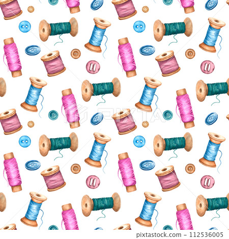 Seamless watercolor surface pattern of spools of sewing thread and buttons. Hand drawn illustration of ornament on isolated background. It can be used in print design, for cards, wallpaper, fabrics. 112536005