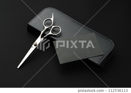 Hairdressing scissors with case on a black background 112536113