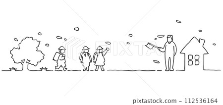 風景線畫描繪了孩子們放學回家的路上和一位老人在照顧他們 112536164