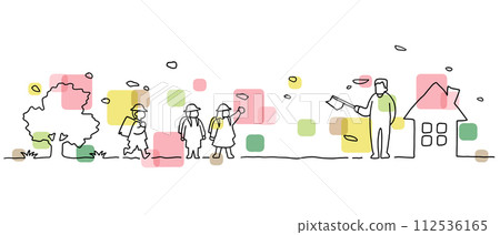 風景線畫描繪了孩子們放學回家的路上和一位老人在照顧他們 112536165