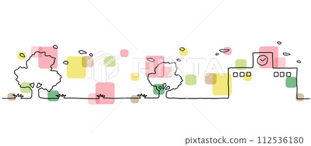 Hand drawn line art illustration of landscape with school and cherry blossom trees 112536180