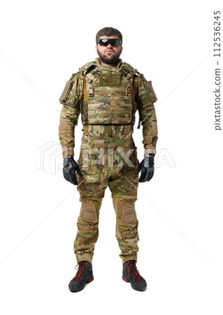 Male soldier in military ammunition isolated on white background Male soldier in military ammunition isolated on white background 112536245