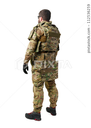 Back view of male soldier in military uniform isolated on white background 112536259