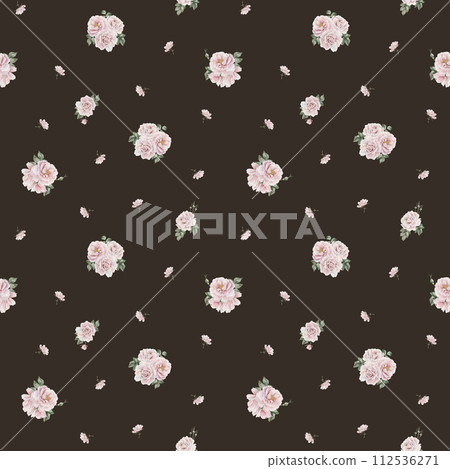 Rose hip pink flowers with buds and green leaves, Victorian style, watercolor seamless minimalist pattern on dark background. For use in design, fabric, textile, scrapbooking, wallpaper, wrapping papp 112536271