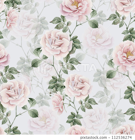 Rose hip pink flowers with buds and green leaves, Victorian style, watercolor seamless pattern on light blue background. For use in design, fabric, textile, scrapbooking, wallpaper, wrapping papper, g Rose hip pink flowers with buds and green leaves, Victorian style, watercolor seamless pattern on light blue background. For use in design, fabric, textile, scrapbooking, wallpaper, wrapping papper, g 112536274