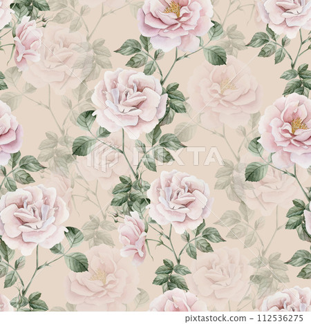 Rose hip pink flowers with buds and green leaves, Victorian style, watercolor seamless pattern on beige background. For use in design, fabric, textile, scrapbooking, wallpaper, wrapping papper, gift b Rose hip pink flowers with buds and green leaves, Victorian style, watercolor seamless pattern on beige background. For use in design, fabric, textile, scrapbooking, wallpaper, wrapping papper, gift b 112536275