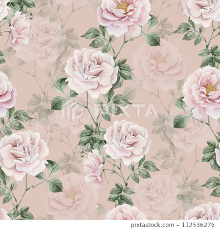 Rose hip pink flowers with buds and green leaves, Victorian style, watercolor seamless pattern on peach pink background. For use in design, fabric, textile, scrapbooking, wallpaper, wrapping papper, g Rose hip pink flowers with buds and green leaves, Victorian style, watercolor seamless pattern on peach pink background. For use in design, fabric, textile, scrapbooking, wallpaper, wrapping papper, g 112536276