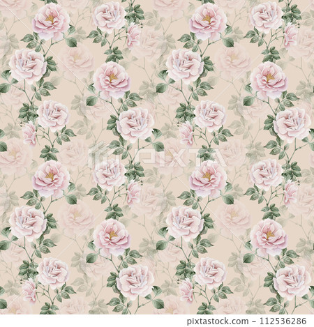 Rose hip pink flowers with buds and green leaves, Victorian style, watercolor seamless pattern on beige background. For use in design, fabric, textile, scrapbooking, wallpaper, wrapping papper, gift b 112536286