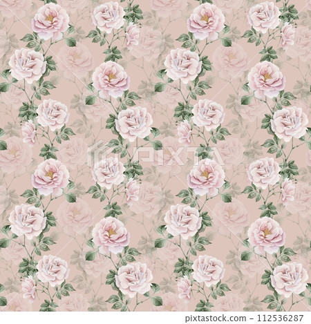 Rose hip pink flowers with buds and green leaves, Victorian style, watercolor seamless pattern on peach pink background. For use in design, fabric, textile, scrapbooking, wallpaper, wrapping papper, g 112536287