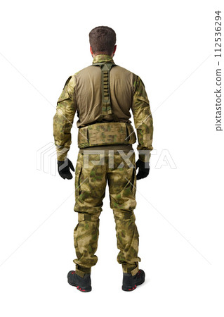 Back view of male soldier in military uniform isolated on white background 112536294