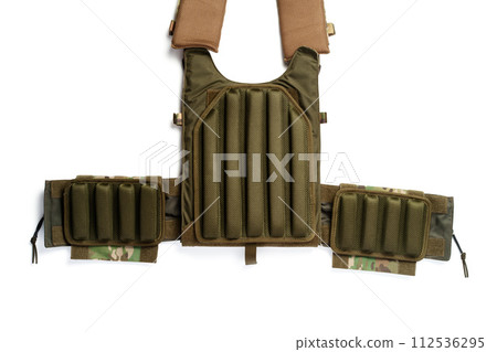 Close up of tactical bulletproof vest on white background 112536295