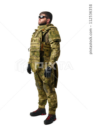 Male soldier in military ammunition isolated on white background Male soldier in military ammunition isolated on white background 112536358