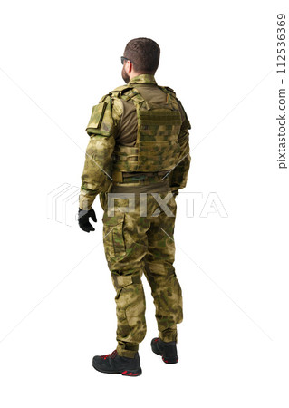 Back view of male soldier in military uniform isolated on white background 112536369