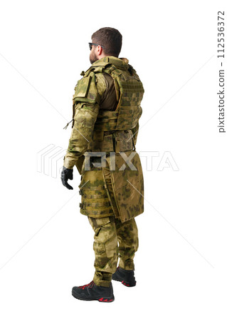 Back view of male soldier in military uniform isolated on white background 112536372