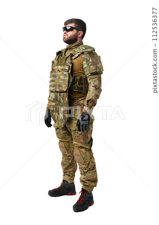Male soldier in military ammunition isolated on white background 112536377