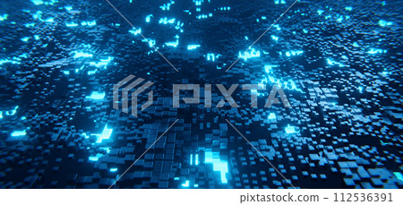 Sci-fi block chain tech background with blue neon particles 112536391
