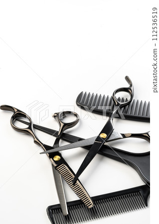 Black hairdressing tools and various hairbrushes on white background Black hairdressing tools and various hairbrushes on white background 112536519